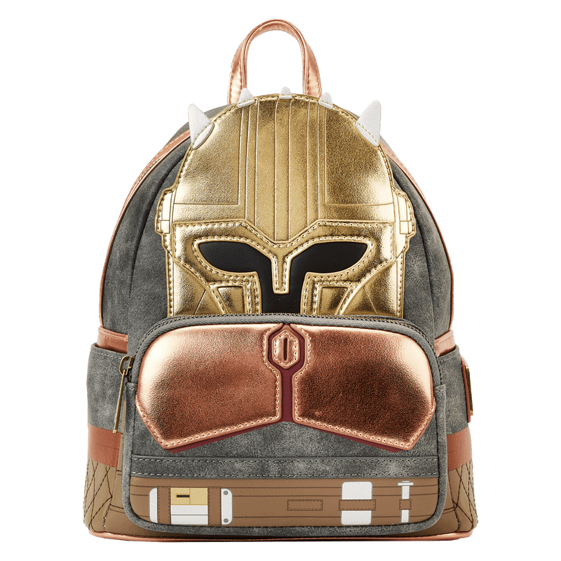 Gold and bronze metallic and distressed gray mini backpack with the helmet of the Armorer from the Mandalorian on the front with details of her tool belt below.
